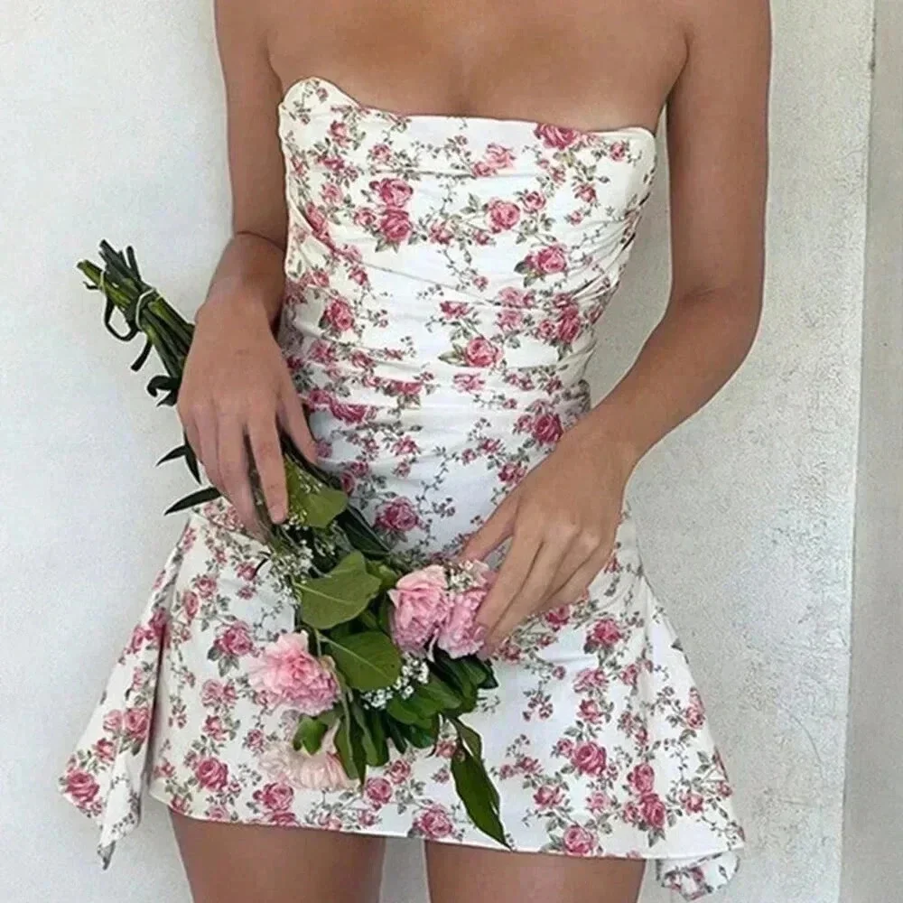White Preppy Women's Pleated Strapless Floral Dress - Picture 1 of 7